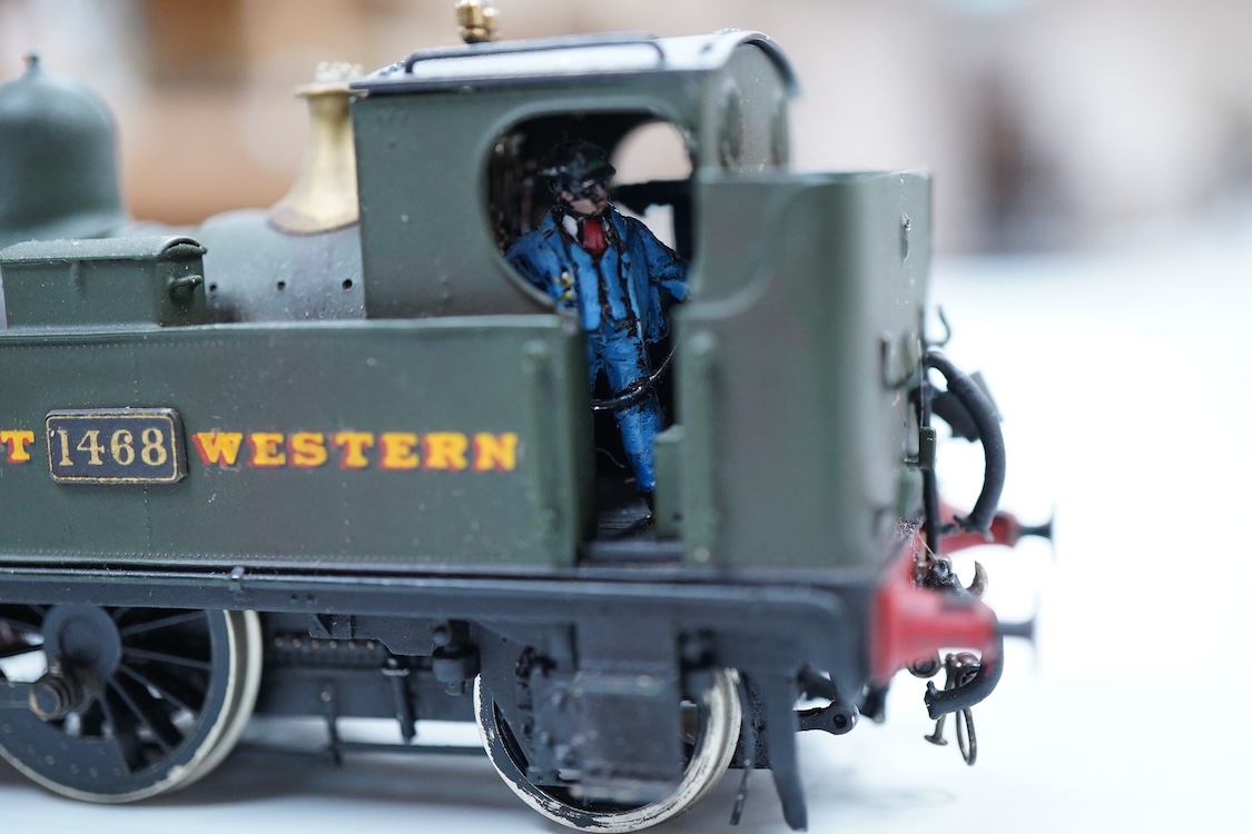 Three EM gauge GWR model railway locomotives scratch built or adapted from kits by John Worsley; 0-4-2T, 5812, 0-4-2T, 1468, and 0-4-0ST, 1143, all well detailed models.